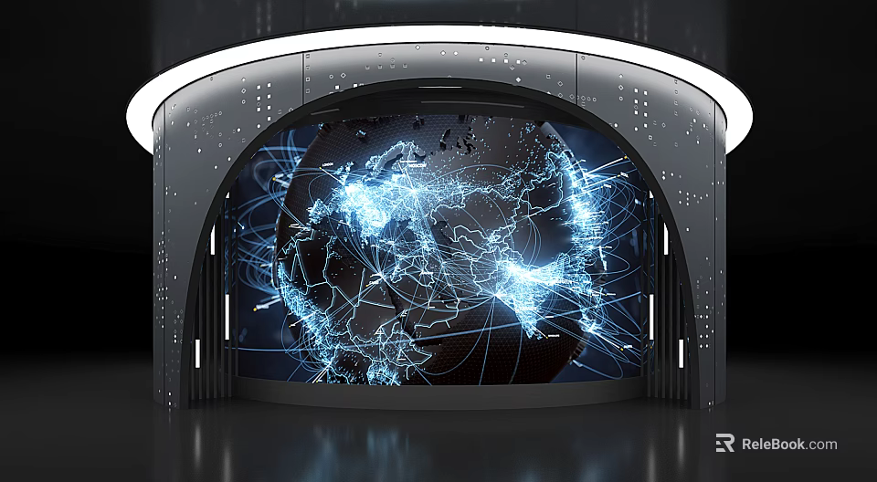 Curved Exhibition Booth With LED Lighting Illuminated Globe And Digital Network Lines 3d model 
