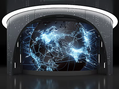 Curved Exhibition Booth With LED Lighting Illuminated Globe And Digital Network Lines 3d model