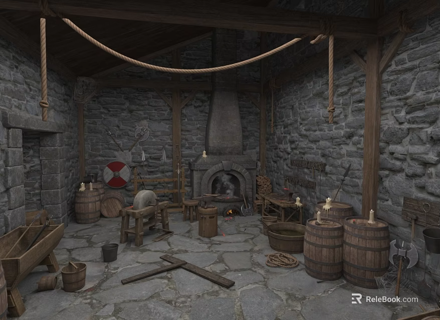 Hardware Tools In Medieval Workshop With Stone Walls Wooden Barrels Axe And Beams 3d model 
