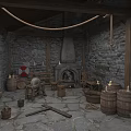 Hardware Tools In Medieval Workshop With Stone Walls Wooden Barrels Axe And Beams