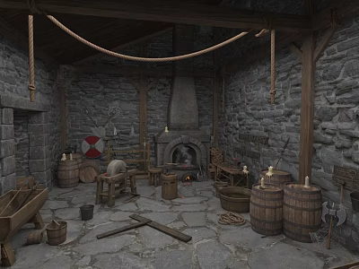 Hardware Tools In Medieval Workshop With Stone Walls Wooden Barrels Axe And Beams 3d model