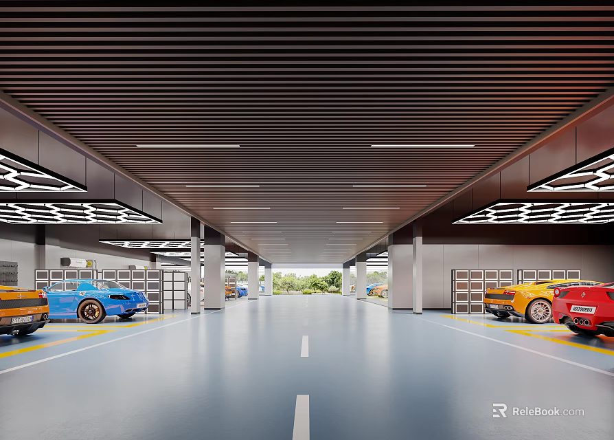 Modern Car Showroom Interior With Striped Ceiling Sleek Floor Lines And Luxury Vehicle 3d model 
