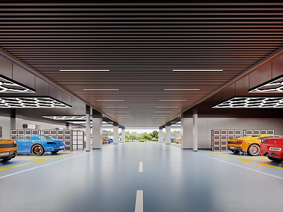 Modern Car Showroom Interior With Striped Ceiling Sleek Floor Lines And Luxury Vehicle 3d model