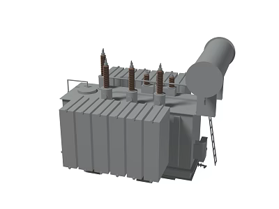 Industrial Power Transformer With High Voltage Insulator Bushings Cooling Fins And Metal Casing 3d model