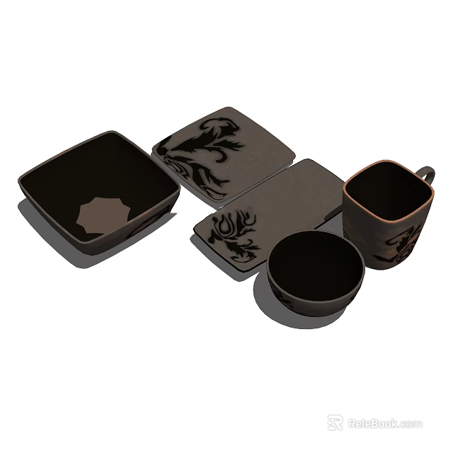 Black Decorative Dinnerware Set with Square Plates Cups and Trays 3d model