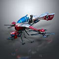 Futuristic Red Silver Blue Drone With Propellers Mechanical Arms And 001 Marking