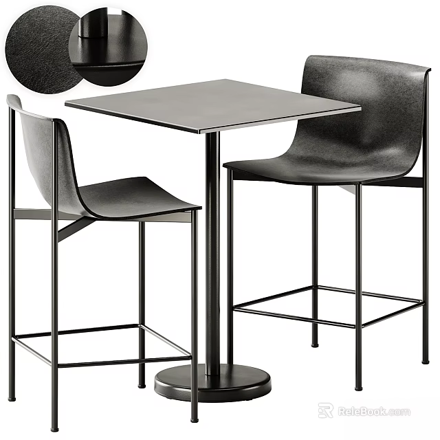 Modern Square Metal Table with Round Base and Black Leather Bar Stools Set 3d model 