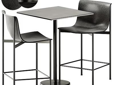 Modern Square Metal Table with Round Base and Black Leather Bar Stools Set 3d model