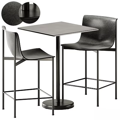 Modern Square Metal Table with Round Base and Black Leather Bar Stools Set 3d model