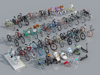 Various Types of Bicycles in Multiple Colors Arranged Together with Electric Scooters 3d model