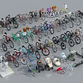 Various Types of Bicycles in Multiple Colors Arranged Together with Electric Scooters