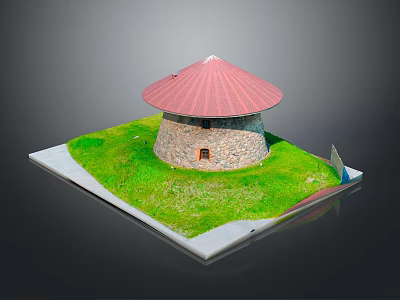 Circular Stone Building Model On White Base With Red Roof And Green Grass 3d model