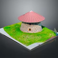 Circular Stone Building Model On White Base With Red Roof And Green Grass