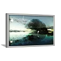 Framed Abstract Painting With Geometric Polygonal Design Teal Blue Green Hues And Water Reflection