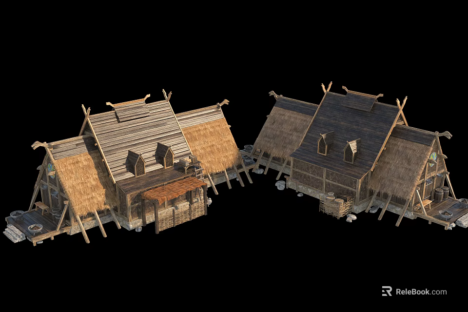 Traditional Wooden Houses With Thatch Roofs Rustic Design And Wooden Frames Chimneys 3d model 