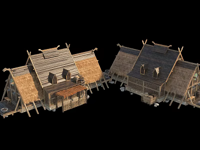 Traditional Wooden Houses With Thatch Roofs Rustic Design And Wooden Frames Chimneys 3d model
