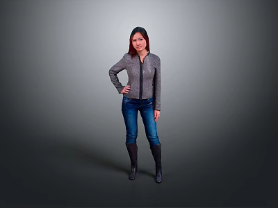 A Stylish Woman In Gray Jacket Blue Jeans And Black Boots With Hand On Hip 3d model