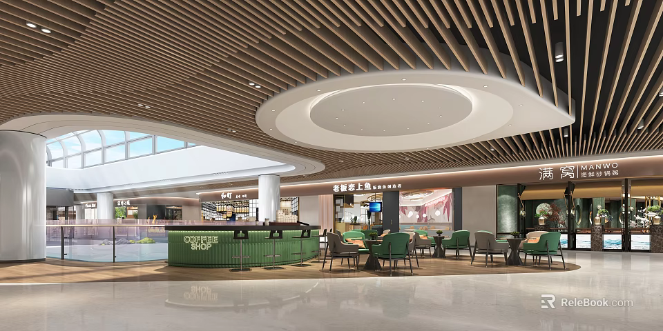 Modern Mall Store Interior With Green Bar Counter Tables Chairs And Wooden Ceiling 3d model 