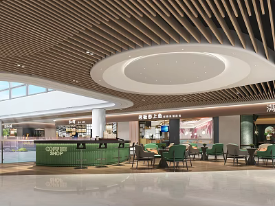 Modern Mall Store Interior With Green Bar Counter Tables Chairs And Wooden Ceiling 3d model