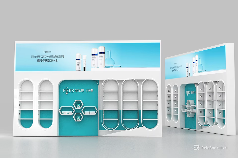 Blue and White Modern Display Shelves with Skincare Products and Storage Compartments 3d model 