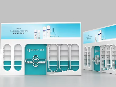 Blue and White Modern Display Shelves with Skincare Products and Storage Compartments 3d model