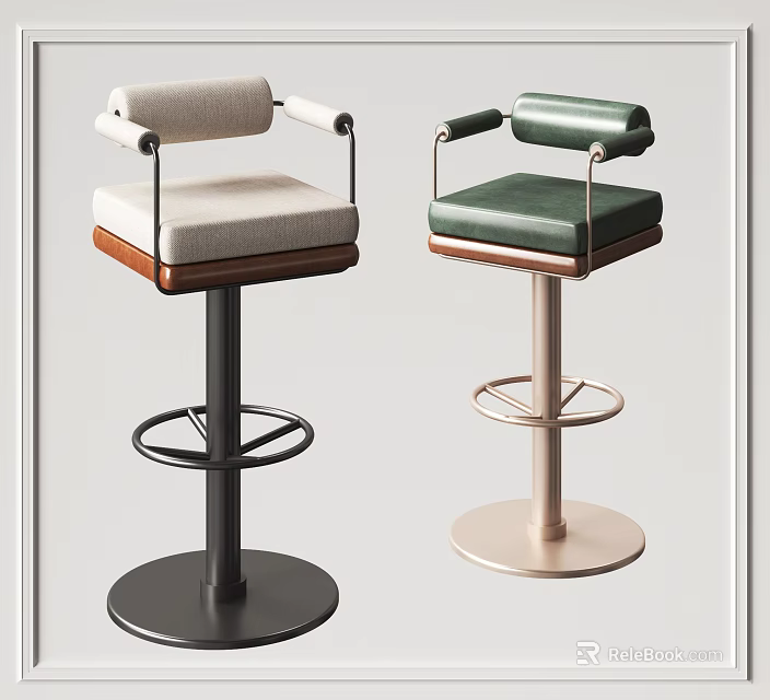 Modern Bar Stools With Light Colored And Green Seats Metal Frames And Armrests 3d model