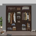 Dark Wooden Wardrobe With Hanging Clothes Folded Linen Baskets And Storage Drawers