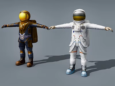 Men in Brown Blue and White Spacesuits with Arms Outstretched 3d model