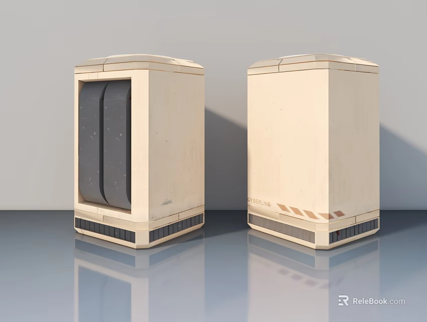 Beige Cabinet With Black Swing Door Bottom Grille And Side Warning Stripes 3d model 