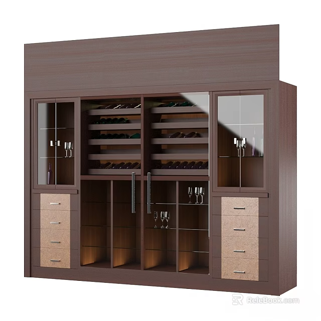 Dark Brown Wooden Cabinet with Glass Doors Wine Racks Drawers and Wine Glasses Storage 3d model 
