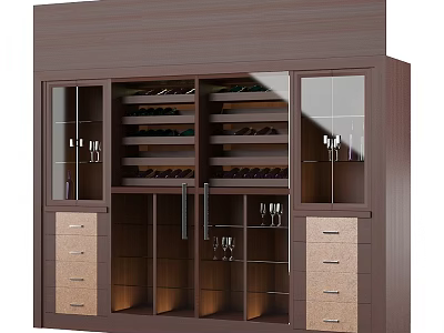 Dark Brown Wooden Cabinet with Glass Doors Wine Racks Drawers and Wine Glasses Storage 3d model