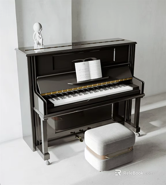 Classic Black Piano Musical Instrument With Open Music Sheet And White Stool 3d model 