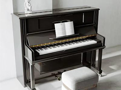 Classic Black Piano Musical Instrument With Open Music Sheet And White Stool 3d model