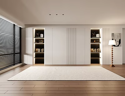 Minimalist Living Room Interior With Window Blinds Built-in Bookshelves Light Rug And Wooden Flooring 3d model