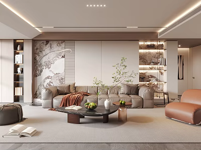 Modern Living Room Interior Design With Brown Sofa Gray Carpet Coffee Table And Green Plant 3d model