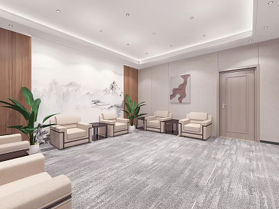 Modern Hotel Public Lounge Area With Beige Sofas Wooden Accent Walls Green Plants And Gray Carpet 3d model