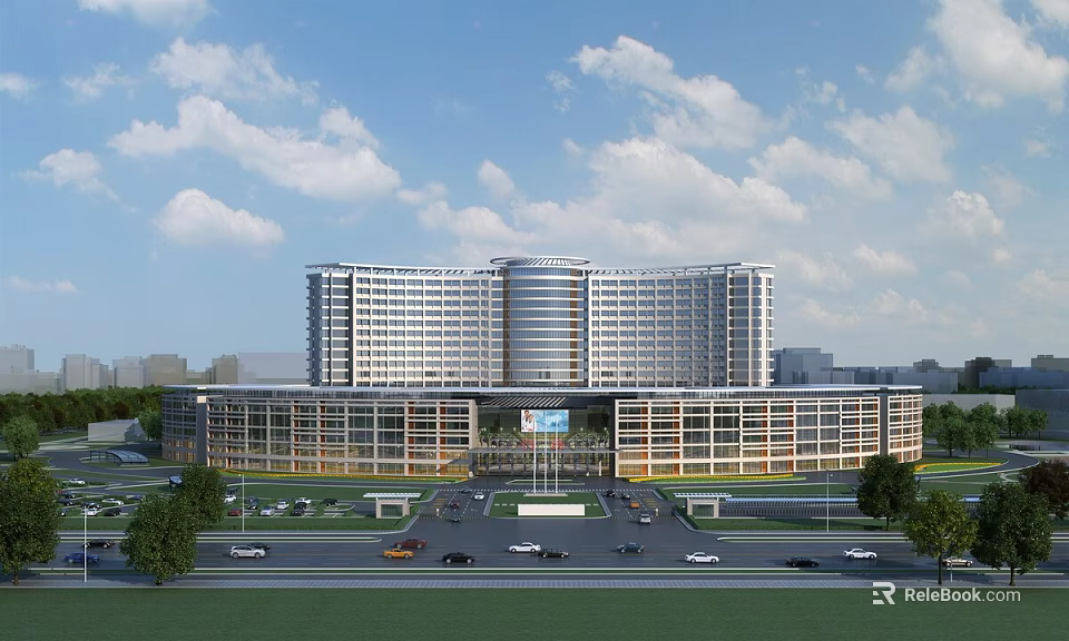 Modern Hospital Building Exterior With Multi story Structure Parking Area Trees And Blue Sky 3d model 