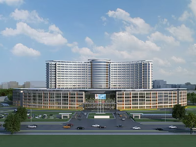 Modern Hospital Building Exterior With Multi story Structure Parking Area Trees And Blue Sky 3d model