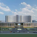Modern Hospital Building Exterior With Multi story Structure Parking Area Trees And Blue Sky