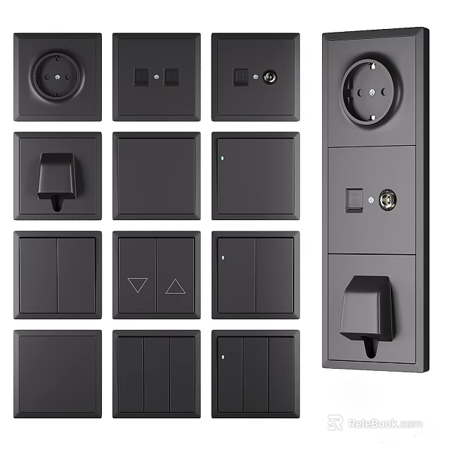 Black Modern Switch Panels With Various Design Options And Socket Combinations 3d model