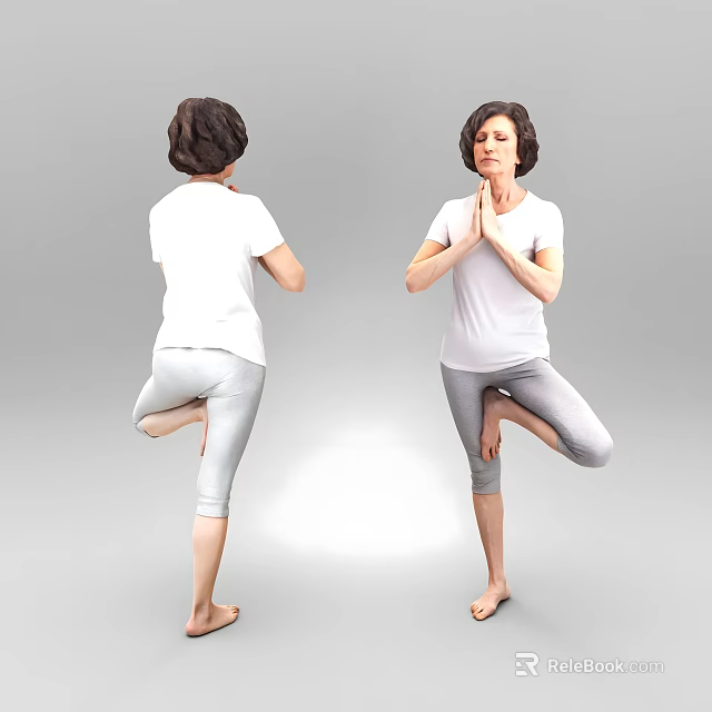 Woman Practicing Yoga Tree Pose Balancing On Single Leg With Joined Hands 3d model 