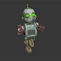 Metallic Silver Robot With Yellow Glowing Eyes And Red Antenna Standing On Dark Background
