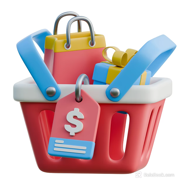 Household Items In Red Shopping Basket With Colorful Bags Gift Boxes And Price Tag 3d model 
