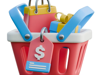 Household Items In Red Shopping Basket With Colorful Bags Gift Boxes And Price Tag 3d model