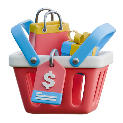 Household Items In Red Shopping Basket With Colorful Bags Gift Boxes And Price Tag 3d model