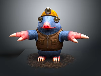 Blue Game Character With Yellow Hard Hat Light Brown Vest Large Eyes And Outstretched Arms 3d model