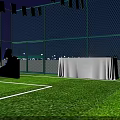 Illuminated Football Field With Fenced Area Colorful Decorations And Event Tables Chairs