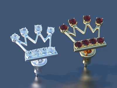 Silver And Gold Crown Shaped Earrings With Sparkling Diamonds And Red Rubies 3d model