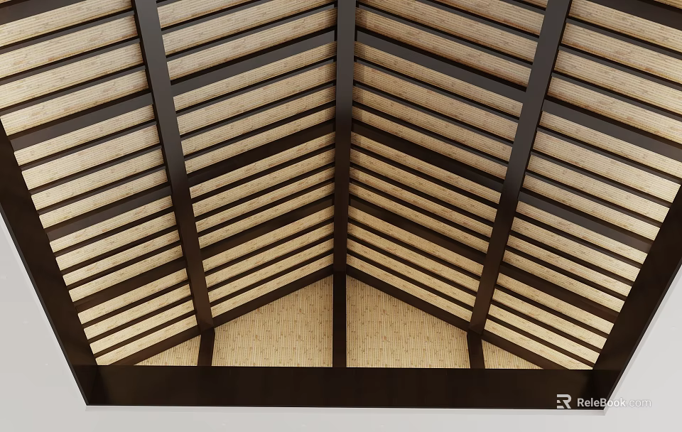 Wooden Striped Ceiling Design With Geometric Frame And Natural Material 3d model 