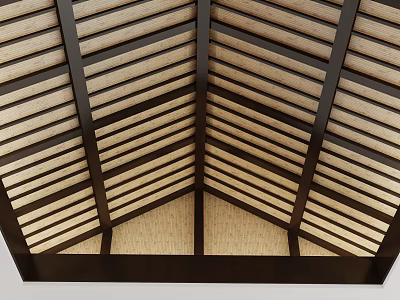 Wooden Striped Ceiling Design With Geometric Frame And Natural Material 3d model